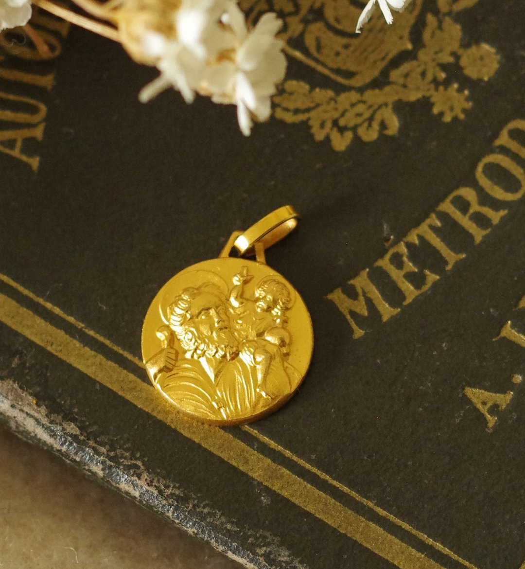 古董 圣克里斯多福Saint Christopher 法国 耶稣基督圣经老项链 - 项链 - 其他金属 金色