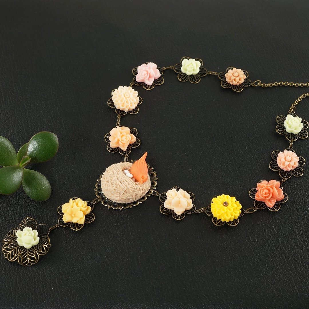 Bird Nest Floral Peony Aster Flower Orange Beige Yellow Pink Y Necklace Jewelry - 项链 - 其他材质 橘色