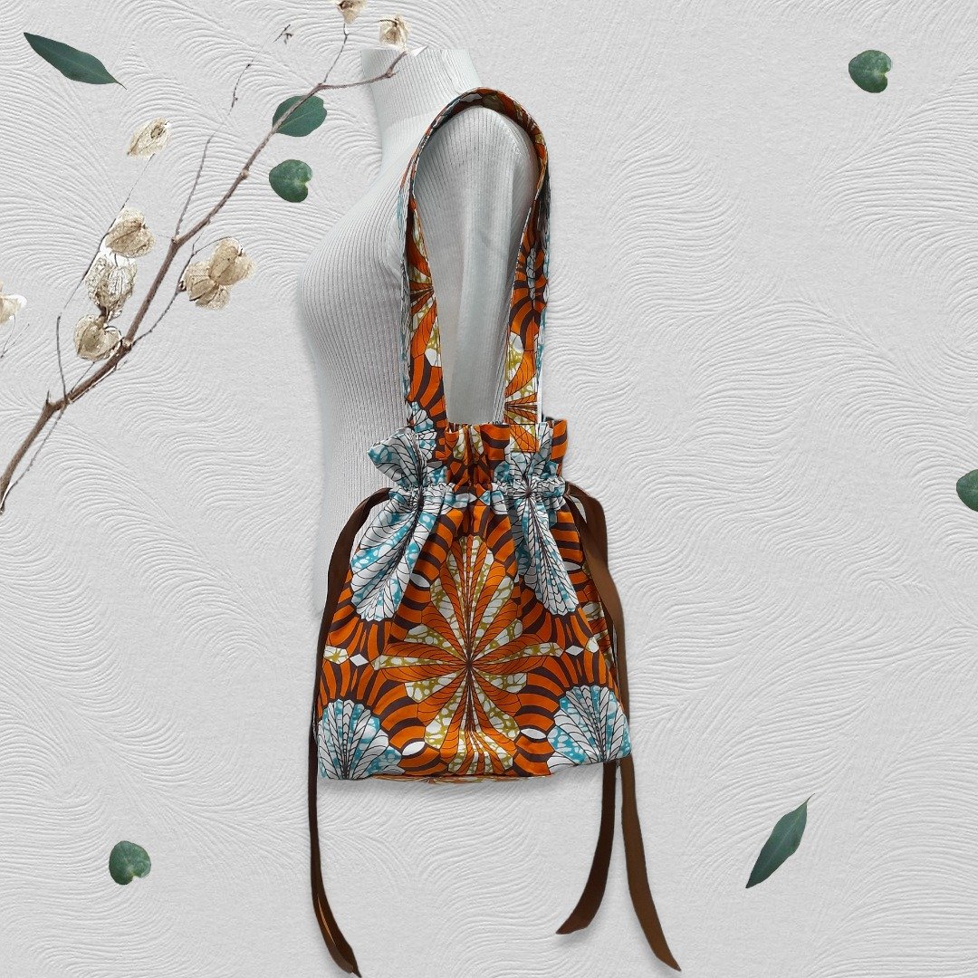 African print drawstring bag, shoulder bag, Ribbon drawstring bag African print - 束口袋双肩包 - 棉 橘色