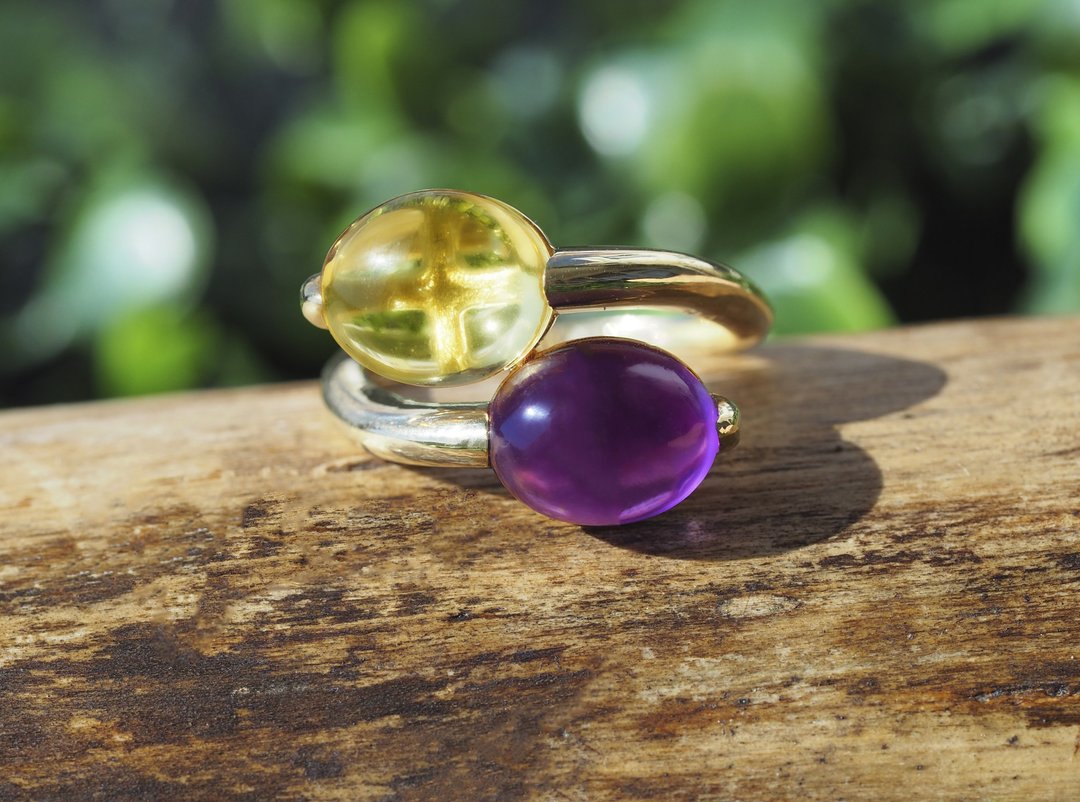 14 kt gold ring with amethyst and citrine cabochons - 戒指 - 贵金属 金色