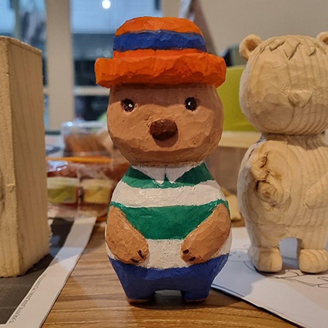 Orange Hat Boy Bear Wooden Sculpture - 玩偶/公仔 - 木头 橘色