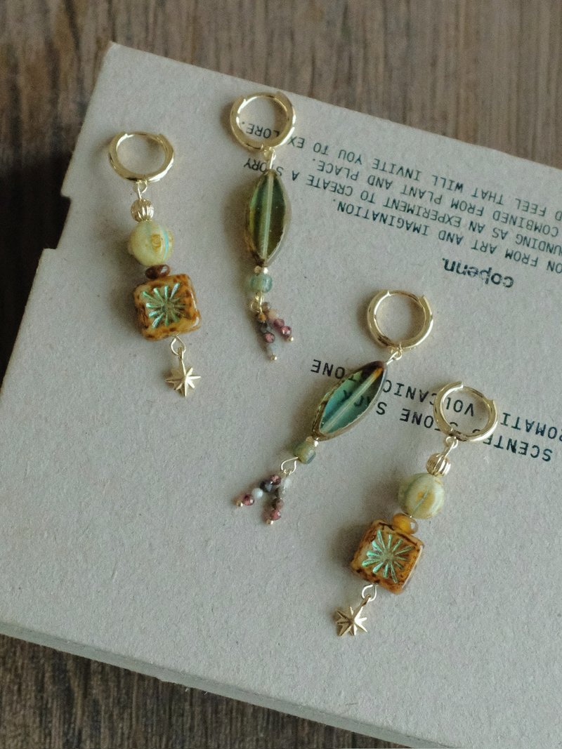 【Radiance】光芒 手工捷克珠耳環 天然石 碧璽 輕復古小眾不對稱 - 耳环/耳夹 - 其他材质 绿色