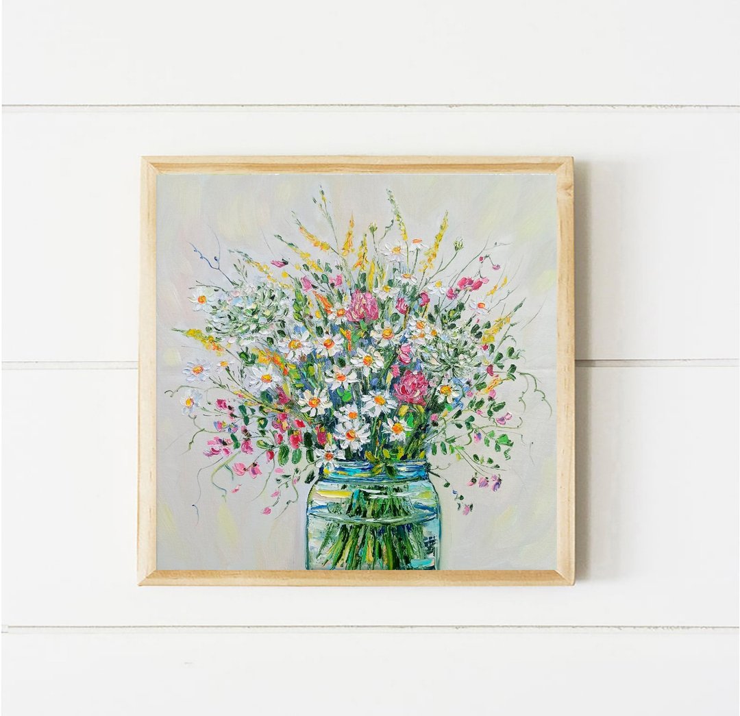 野花 油画 花 艺术品 雏菊 花卉 帆布 - 海报/装饰画/版画 - 棉 卡其色