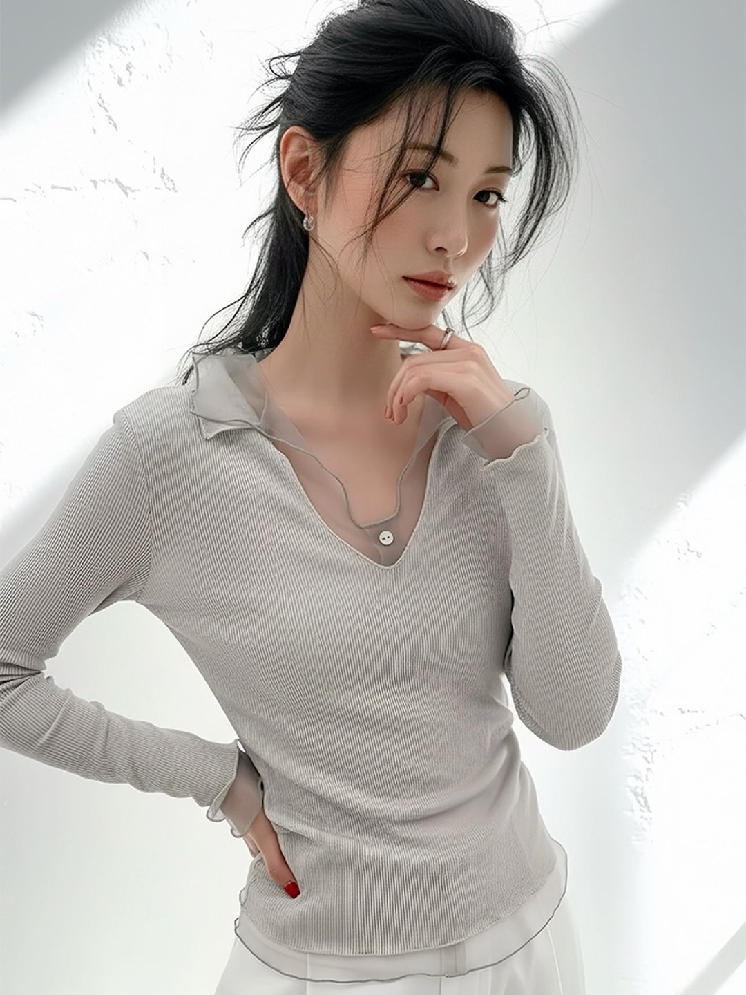 Moonsee 韩式氛围感透视网纱针织开衫两件套长袖上衣内搭V领T恤 - 女装 T 恤 - 聚酯纤维 灰色
