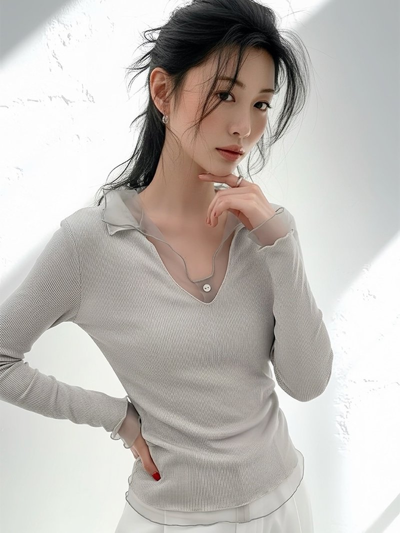 Moonsee 韩式氛围感透视网纱针织开衫两件套长袖上衣内搭V领T恤 - 女装 T 恤 - 聚酯纤维 灰色
