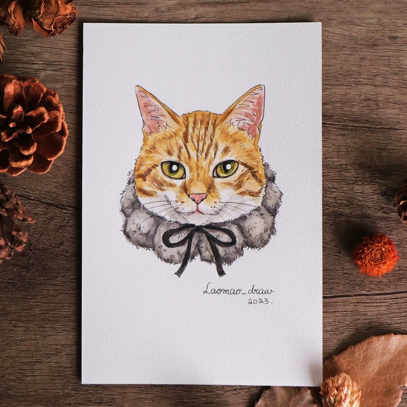 水彩插画原画稿 猫咪头像 4X6 6寸 4009 橘猫与毛球领 - 海报/装饰画/版画 - 纸 
