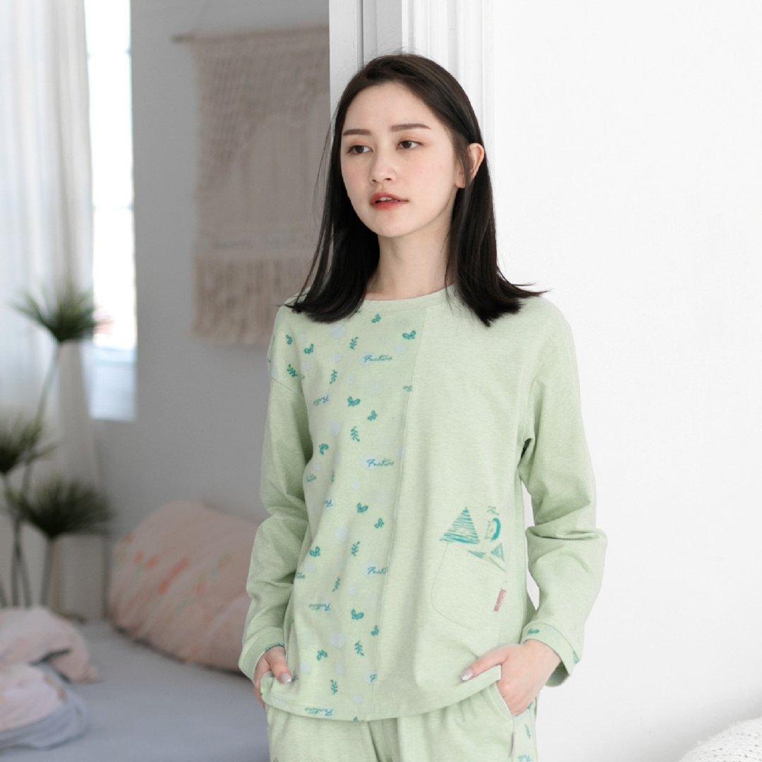 UMORFIL胶原蛋白MIT有机棉拼接居家服/居家服-拼接绿 - 居家服/睡衣 - 棉 绿色