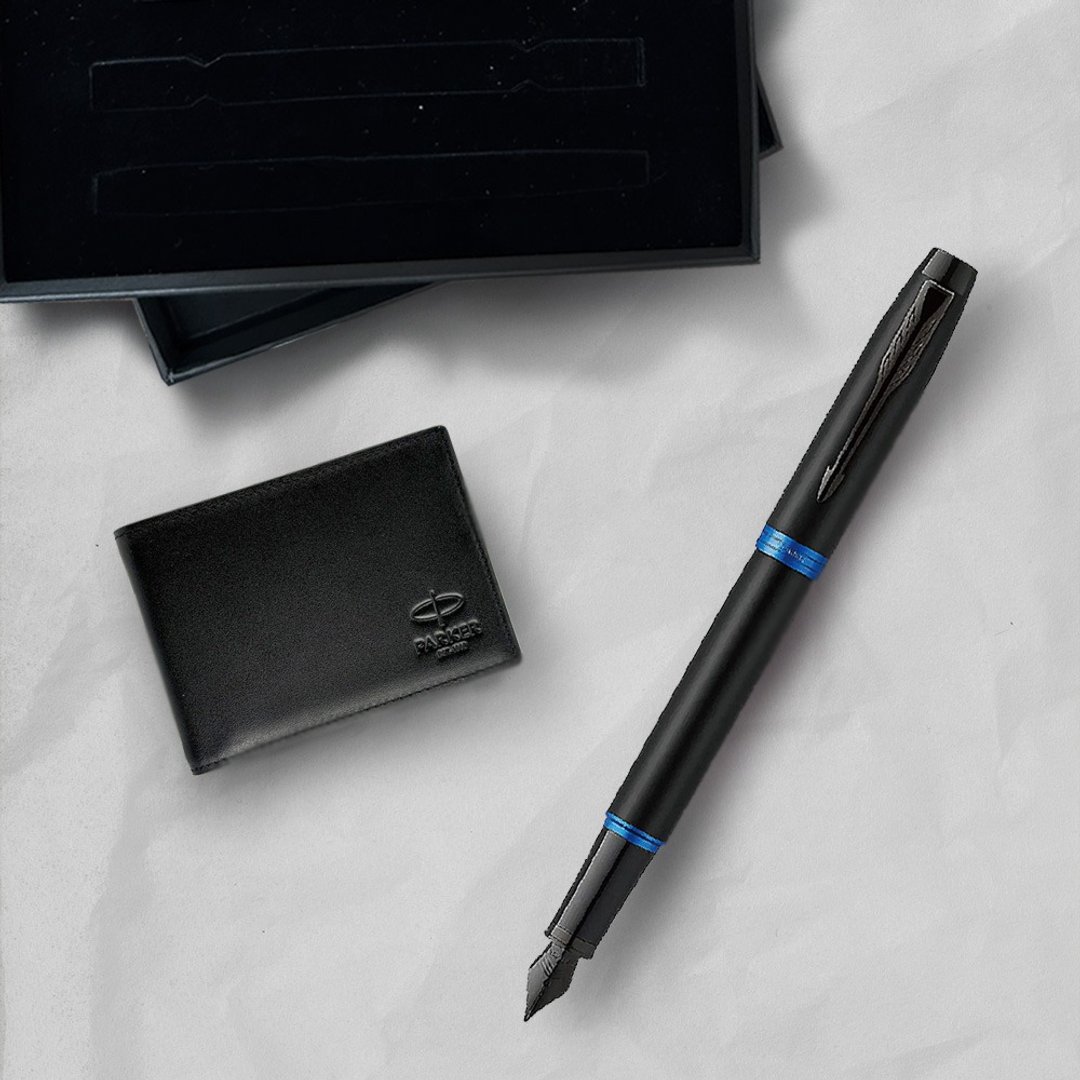 Parker 派克新IM 魅影黑(蓝环)钢笔   牛皮短夹礼盒   免费刻字 - 钢笔 - 其他金属 黑色