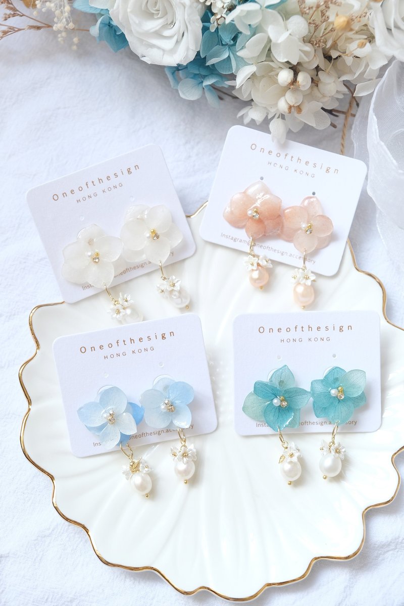 永生绣球花配淡水珍珠耳环 - 耳环/耳夹 - 植物．花 白色