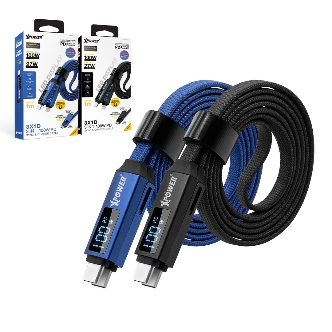 XPower 3X1D 3合1 100W PD 铝合金高速传输充电线 - 充电宝/传输线 - 其他金属 多色