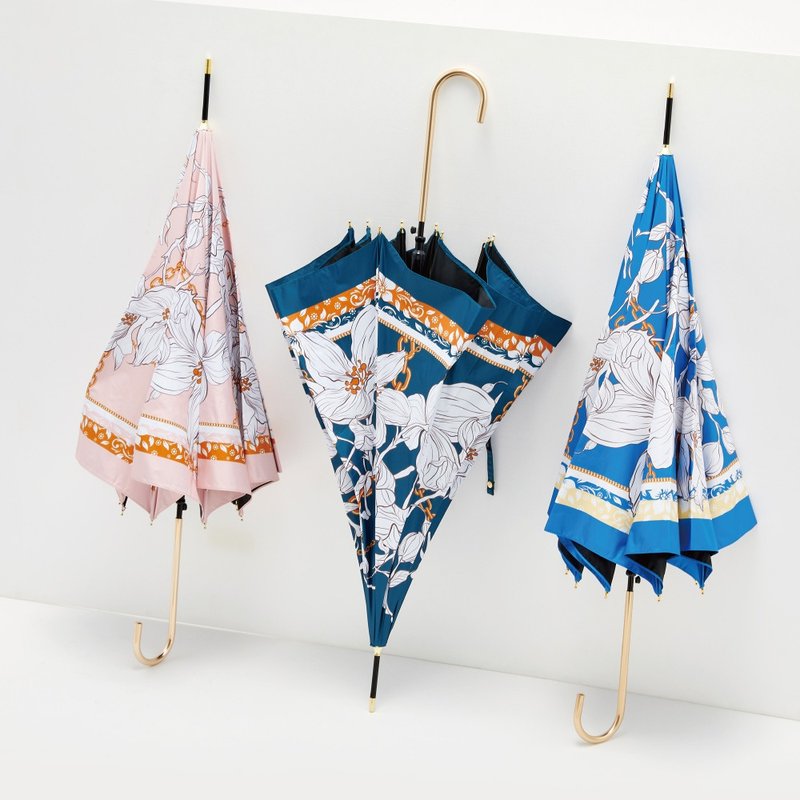 繁花丝巾抗UV金柄弯头直伞 - 雨伞/雨衣 - 其他材质 蓝色