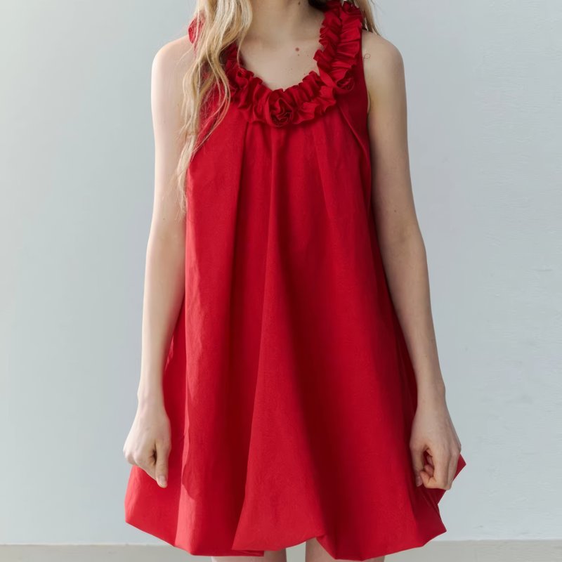 【甜妹元氣】法式少女/甜妹學院/紅調木耳邊短洋裝 - 洋装/连衣裙 - 聚酯纤维 红色