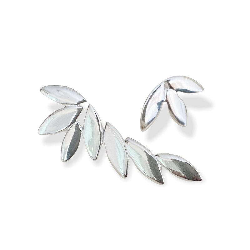 Stud Earrings Handmade Minimalist Wings / Leaf 925 Sterling Silver - 耳环/耳夹 - 银 银色
