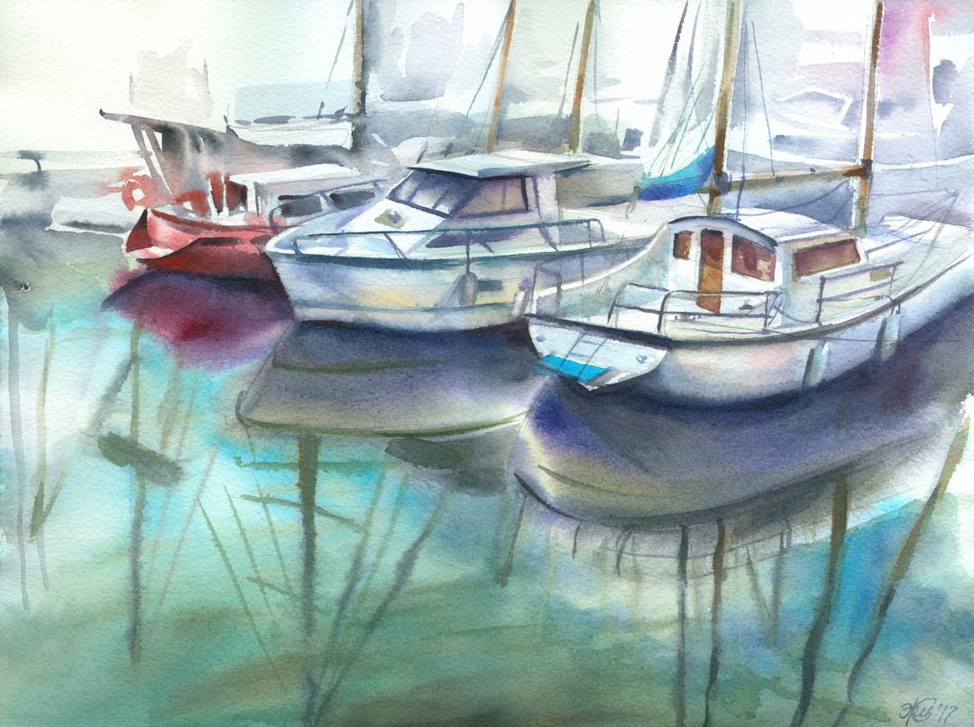 Boats original watercolor painting by artist Irina Zhunaeva - 墙贴/壁贴 - 纸 蓝色