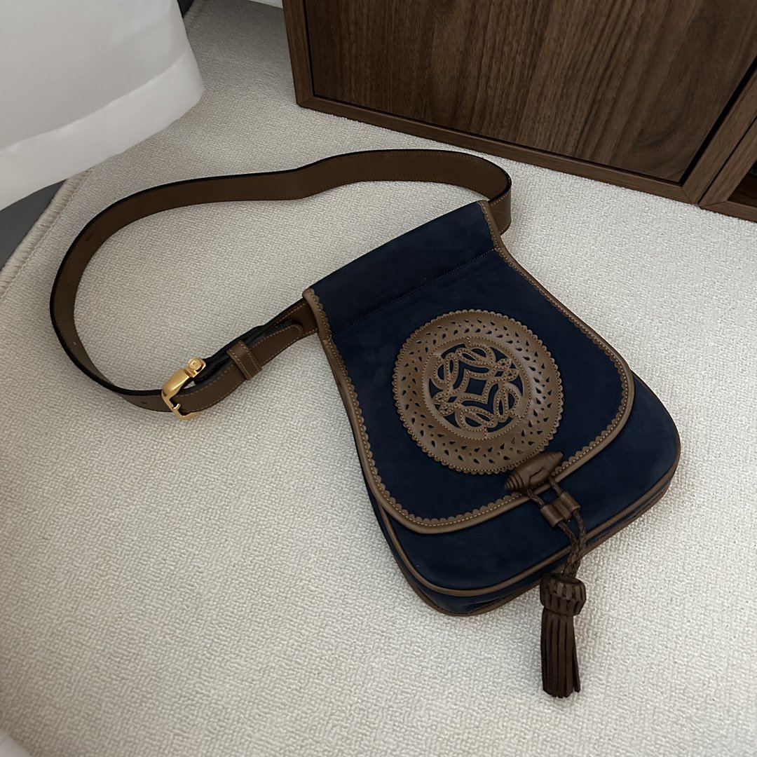 LOEWE 罗意威 海军蓝麂皮 × 棕色皮革 马鞍包 - 手提包/手提袋 - 真皮 蓝色