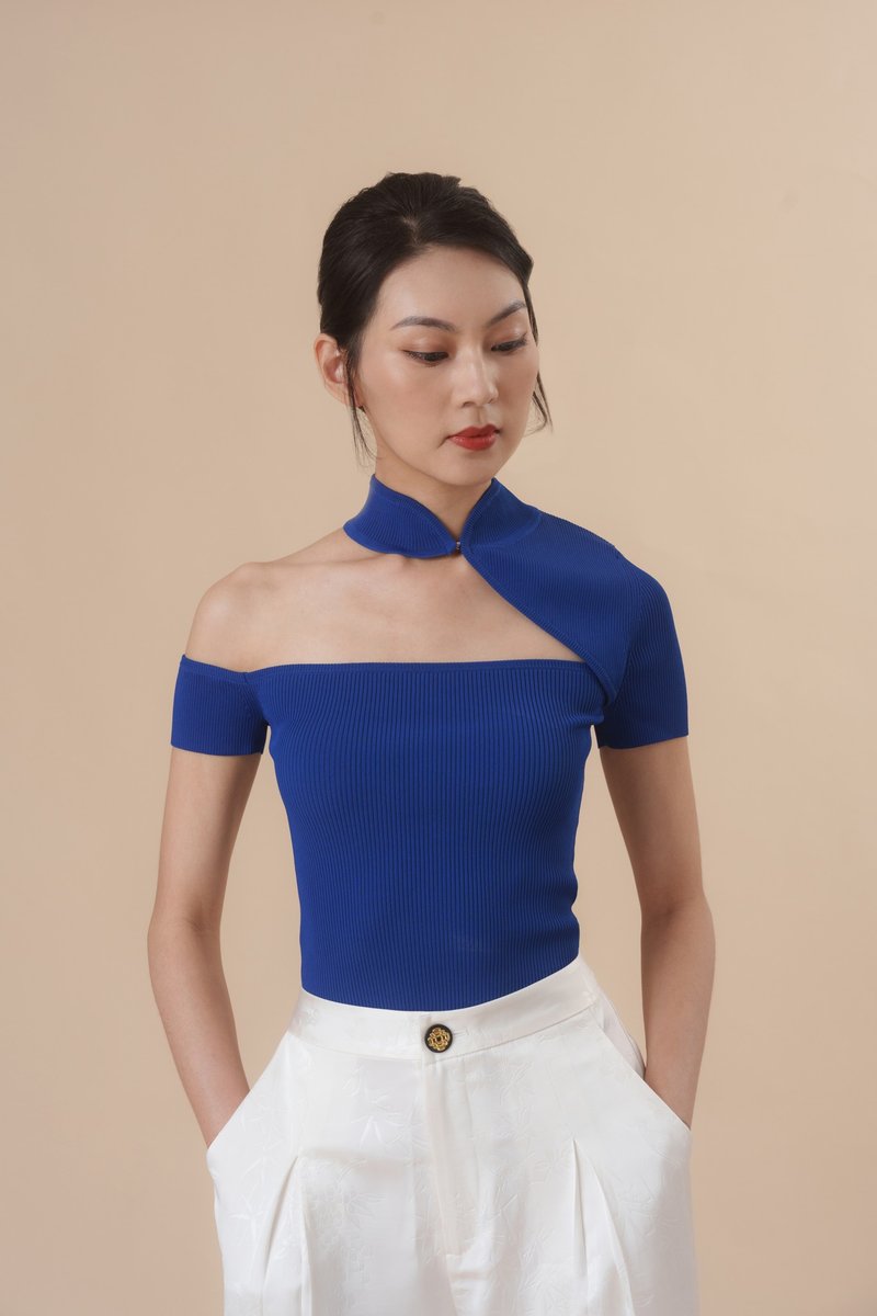 中式针织镂空不对称上衣 (藍色)|香港设计|古典|气质|性感|夏日 - 旗袍 - 其他材质 蓝色