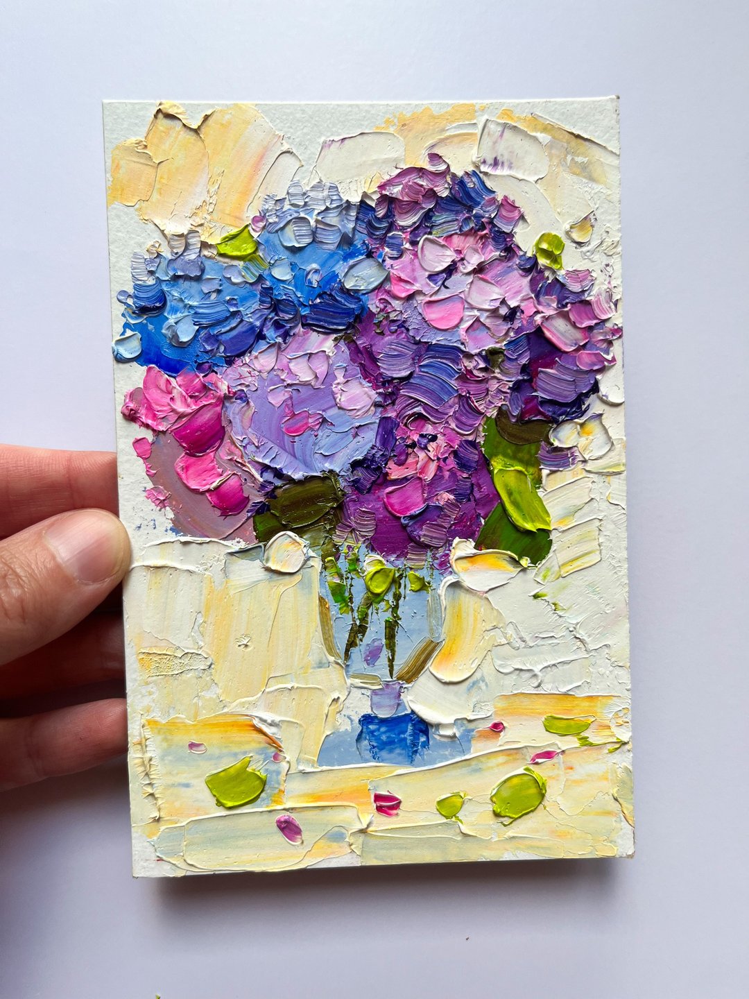 绣球花画 原始油画 墙上有花的小画 绘画作品 - 海报/装饰画/版画 - 其他材质 紫色