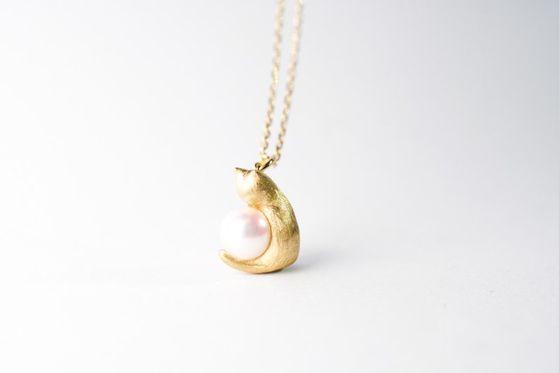 【喵星人系列－猫生太平】原创18K金 天然海水吊坠包含项链 - 项链 - 贵金属 金色