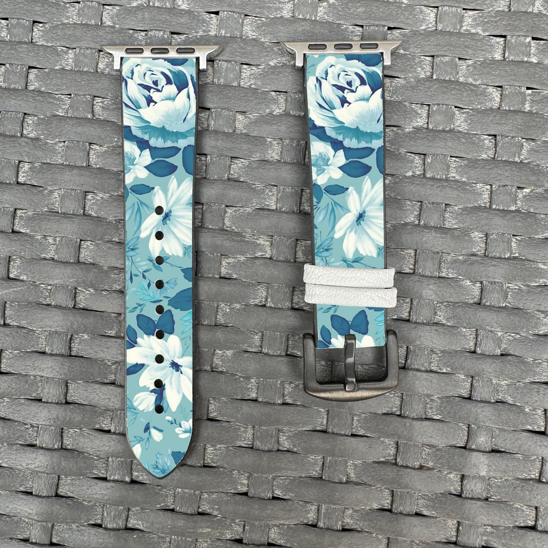 蓝色玫瑰花纹 Apple Watch 潮流硅胶表带 - floral-cr3 - 表带 - 硅胶 多色