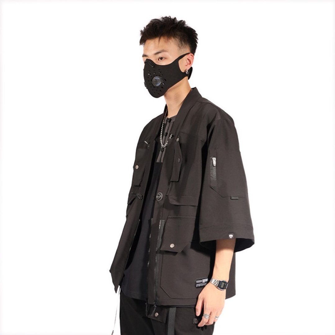 机能道袍夹克 防泼外套 中式机甲结构叠袋磁吸扣和服 - 男装外套 - 聚酯纤维 黑色