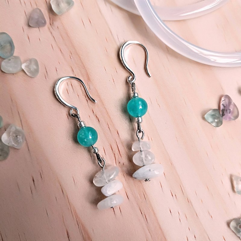 J008-天然石珠串耳环 冰种天河石 月光石 月光草 - 耳环/耳夹 - 半宝石 绿色