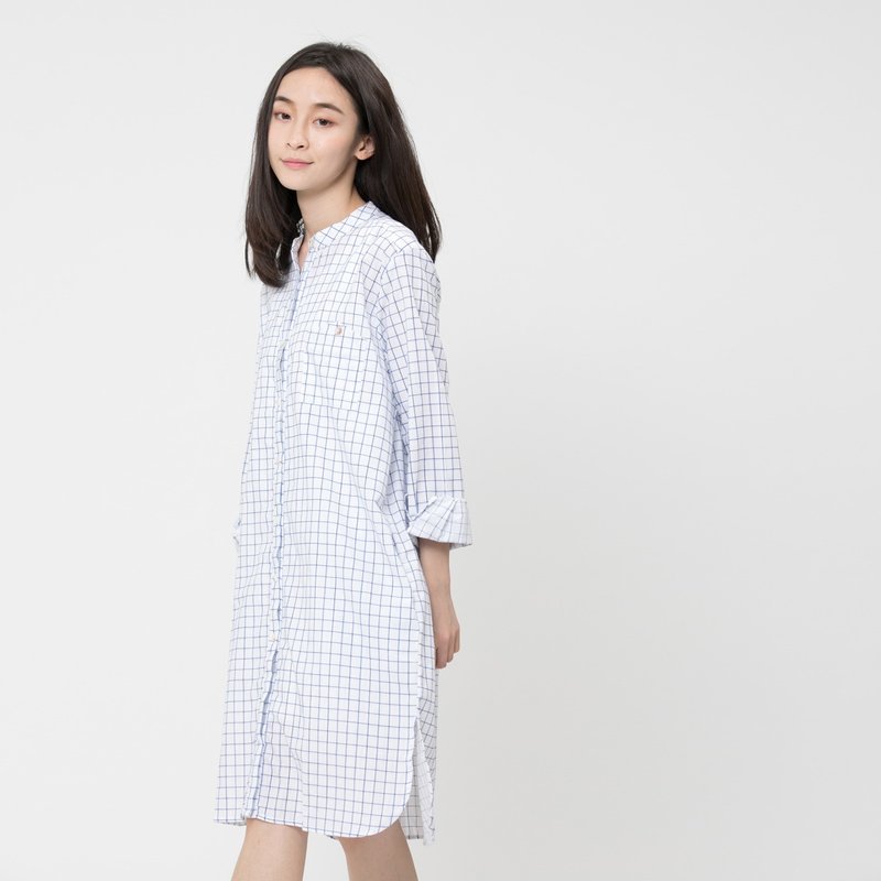 Melissa 慢呢衫长版衬衫上衣 蓝方格/黑直条 - 女装衬衫 - 棉．麻 白色