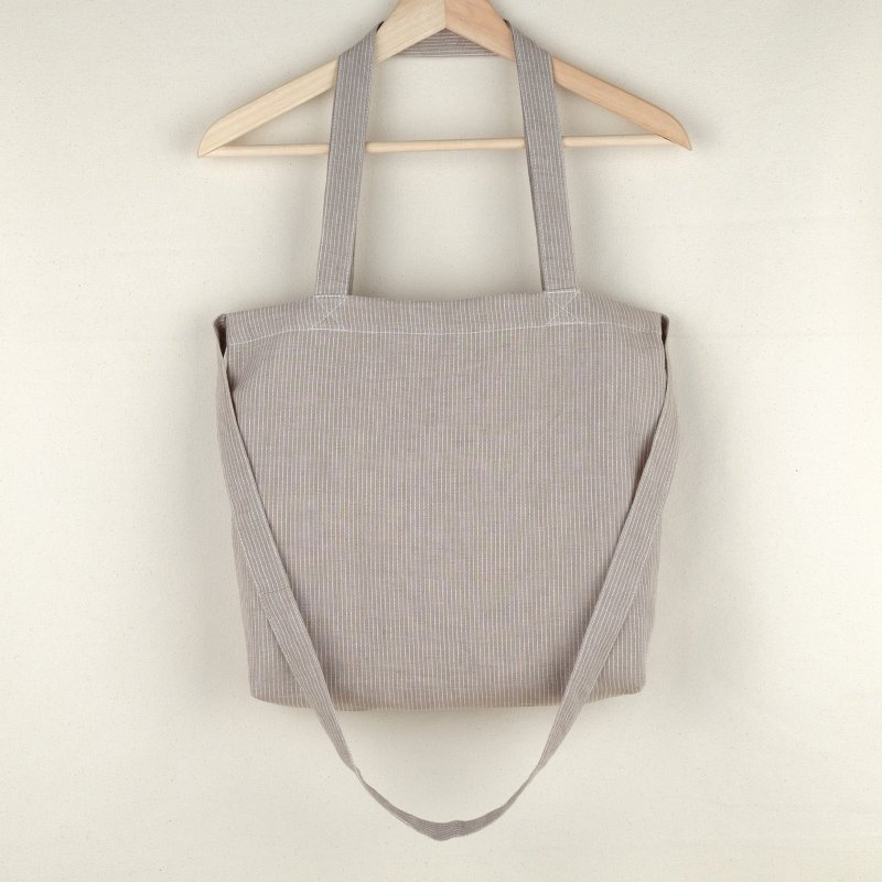 Brown Striped Linen Tote Bag - 侧背包/斜挎包 - 棉．麻 咖啡色