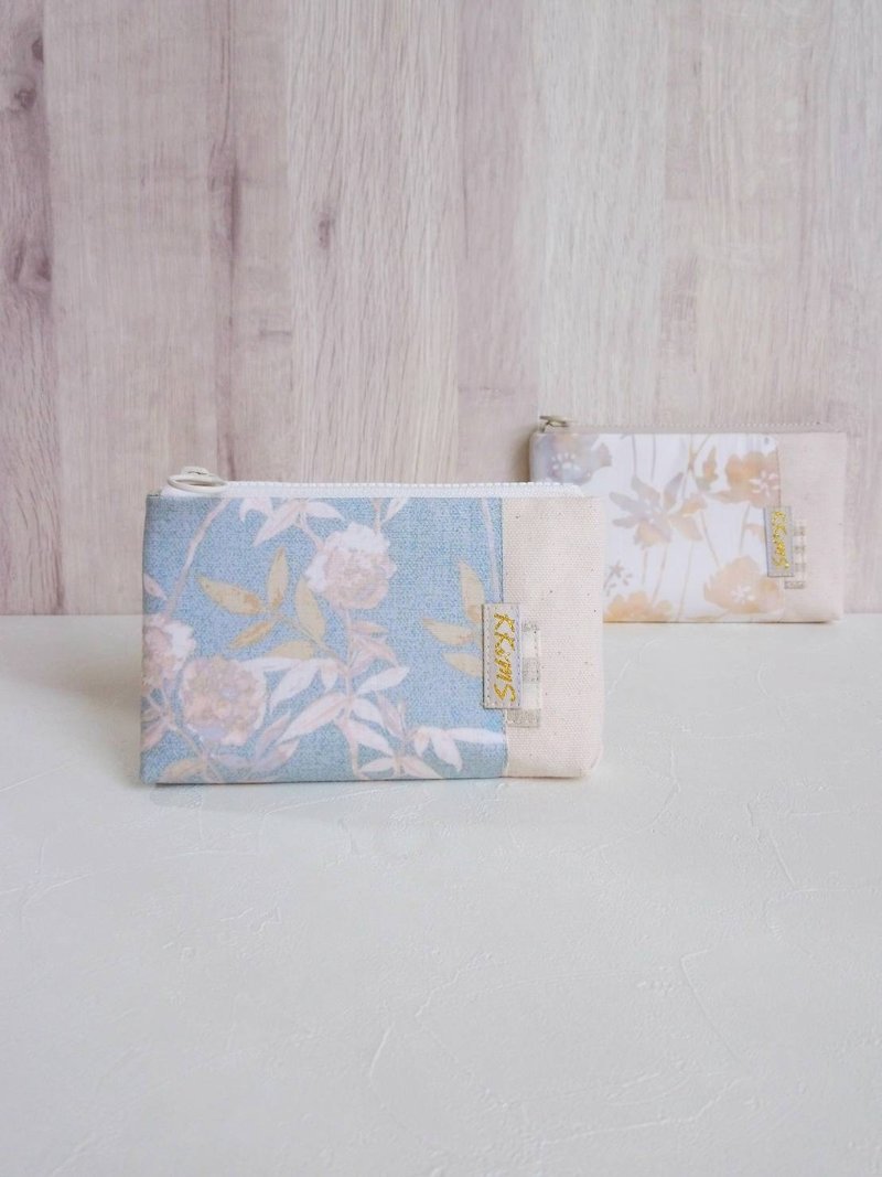 【FWL/双层小钱包】丹宁 蜡染 干燥花 日本帆布先染布 - 零钱包 - 棉．麻 卡其色