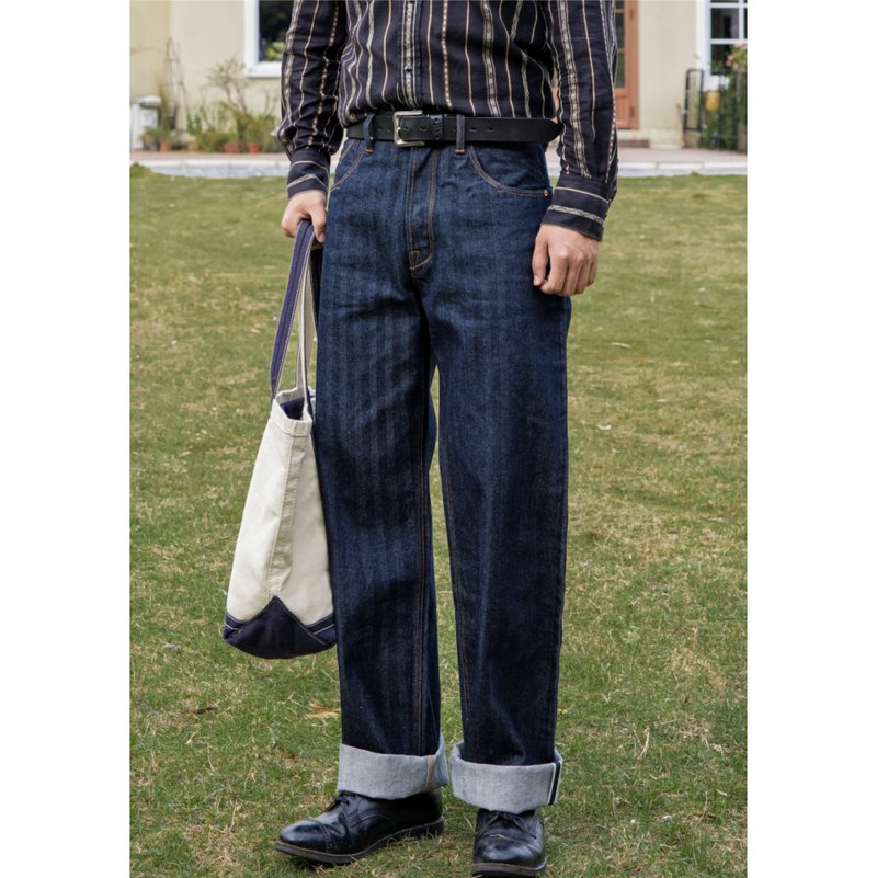 牛仔长裤  宽松直筒 15oz人字纹 白色赤耳 工装裤 - 男士长裤 - 棉．麻 蓝色