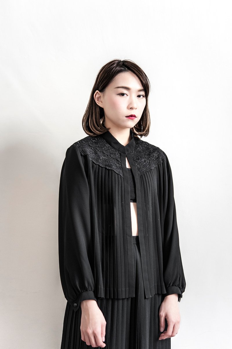 Vintage 纯黑系古着蕾丝罩衫 - 女装衬衫 - 聚酯纤维 黑色