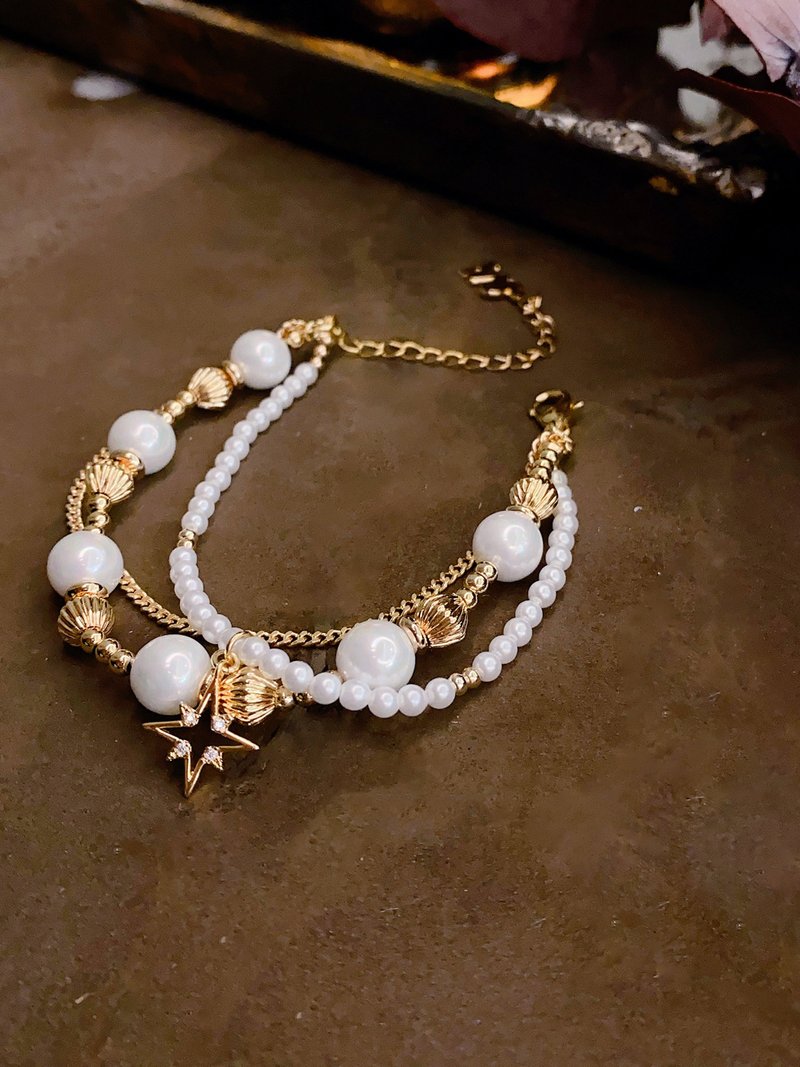 【圣诞饰品】夜晚序幕恋曲。MUCHAT手作14KGP星芒珍珠交错手链 - 手链/手环 - 其他金属 白色