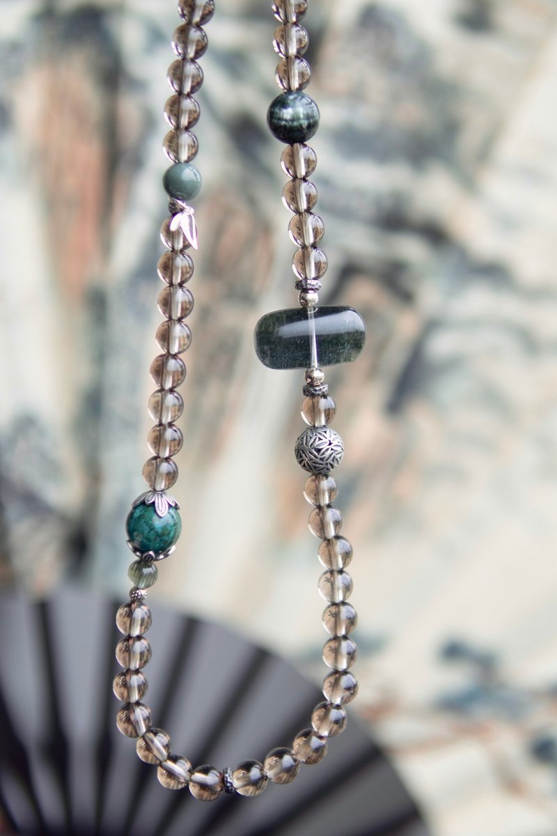 深竹暗浮烟—茶晶双圈手链+绿金沙绿幽灵+凤凰石+绿龙晶+银竹 - 手链/手环 - 水晶 