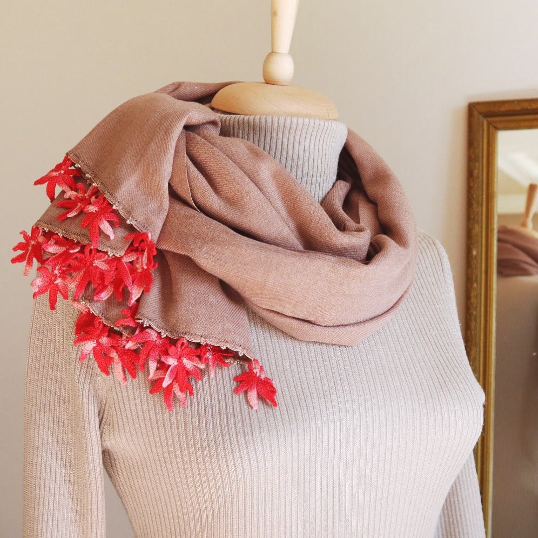 OYA crochet Pashmina shawl - MAPLE- Cocoa - 丝巾 - 羊毛 咖啡色
