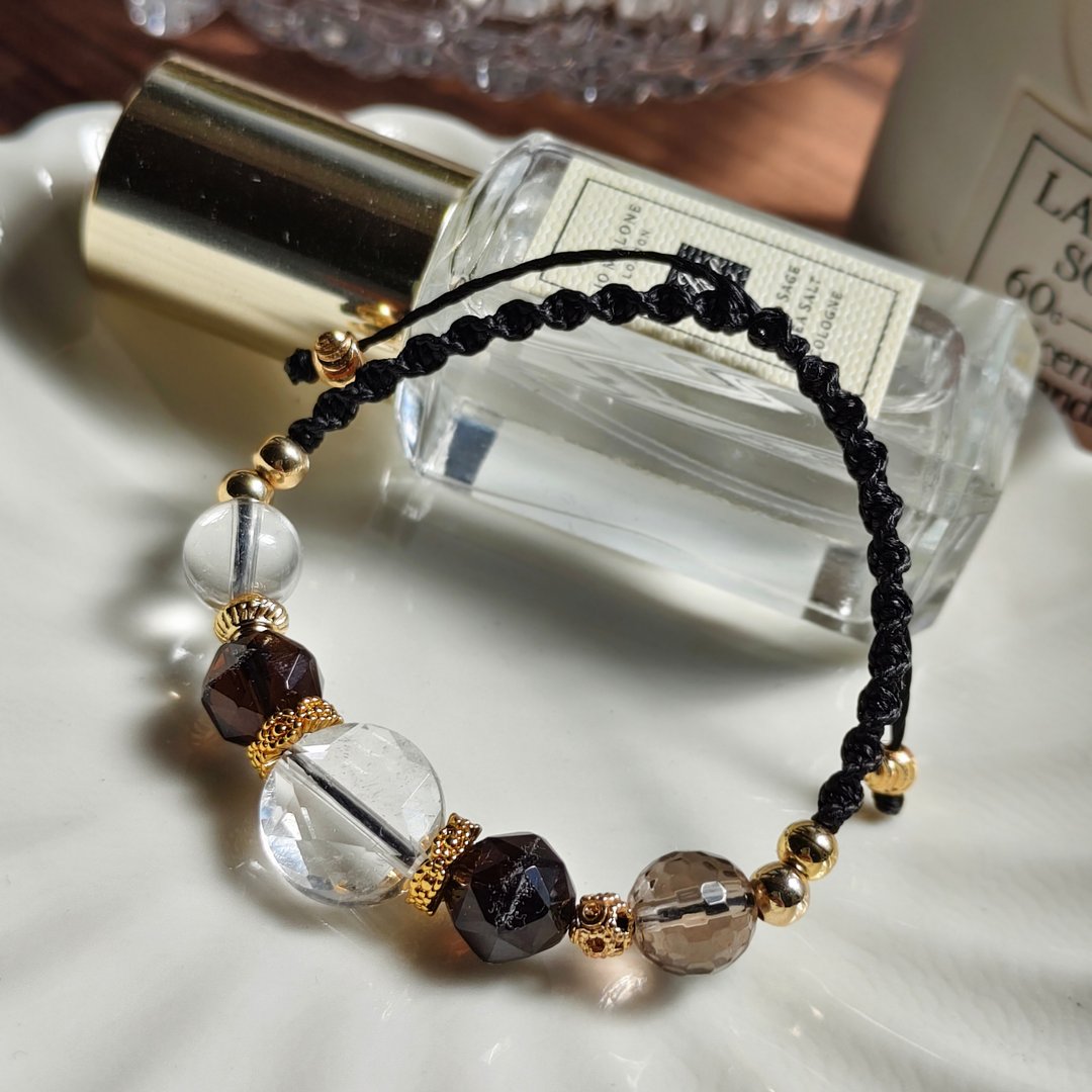 【冰曜石x茶晶x白水晶 编织手链 】负能量不要来 - 手链/手环 - 水晶 黑色