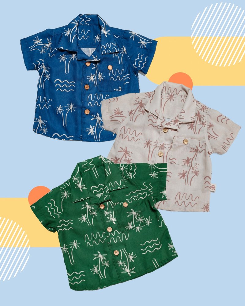 2-9 岁男童夏威夷衬衫 米色、蓝色和绿色椰子树印花 - 童装上衣 - 棉．麻 多色
