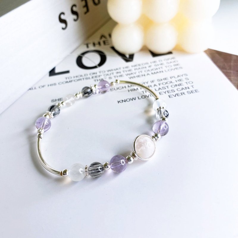 紫藤 雪花幽灵 玻利维亚紫水晶 黑发晶 月光石 925纯银水晶手链 - 手链/手环 - 水晶 紫色