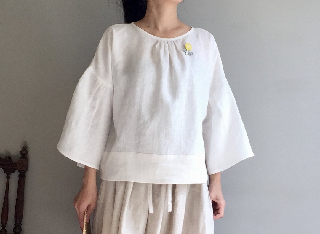 白色春天/米白亚麻 宽袖短版罩衫/上衣100%酵素洗亚麻 - 女装上衣 - 棉．麻 白色