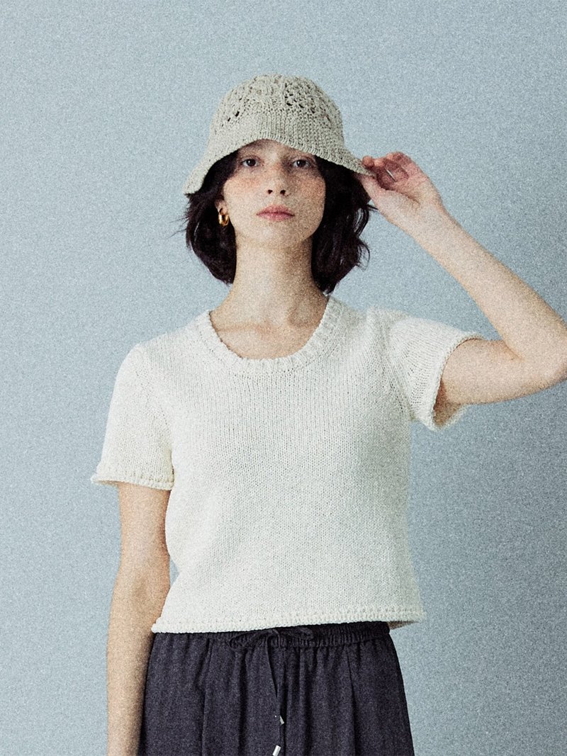 棉质粗圆领短袖针织上衣_奶油色_S M - 女装上衣 - 棉．麻 白色