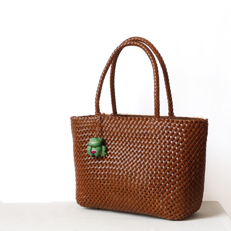 A4尺寸兼容鞣牛皮手工编织手提包镂空棕色 - 手提包/手提袋 - 真皮 多色