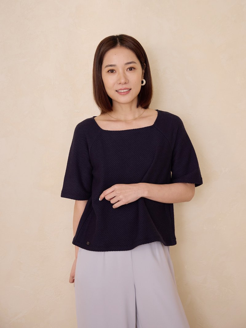 岩之花方领拉克兰短袖毛上衣-蓝岩 - 女装 T 恤 - 其他人造纤维 蓝色