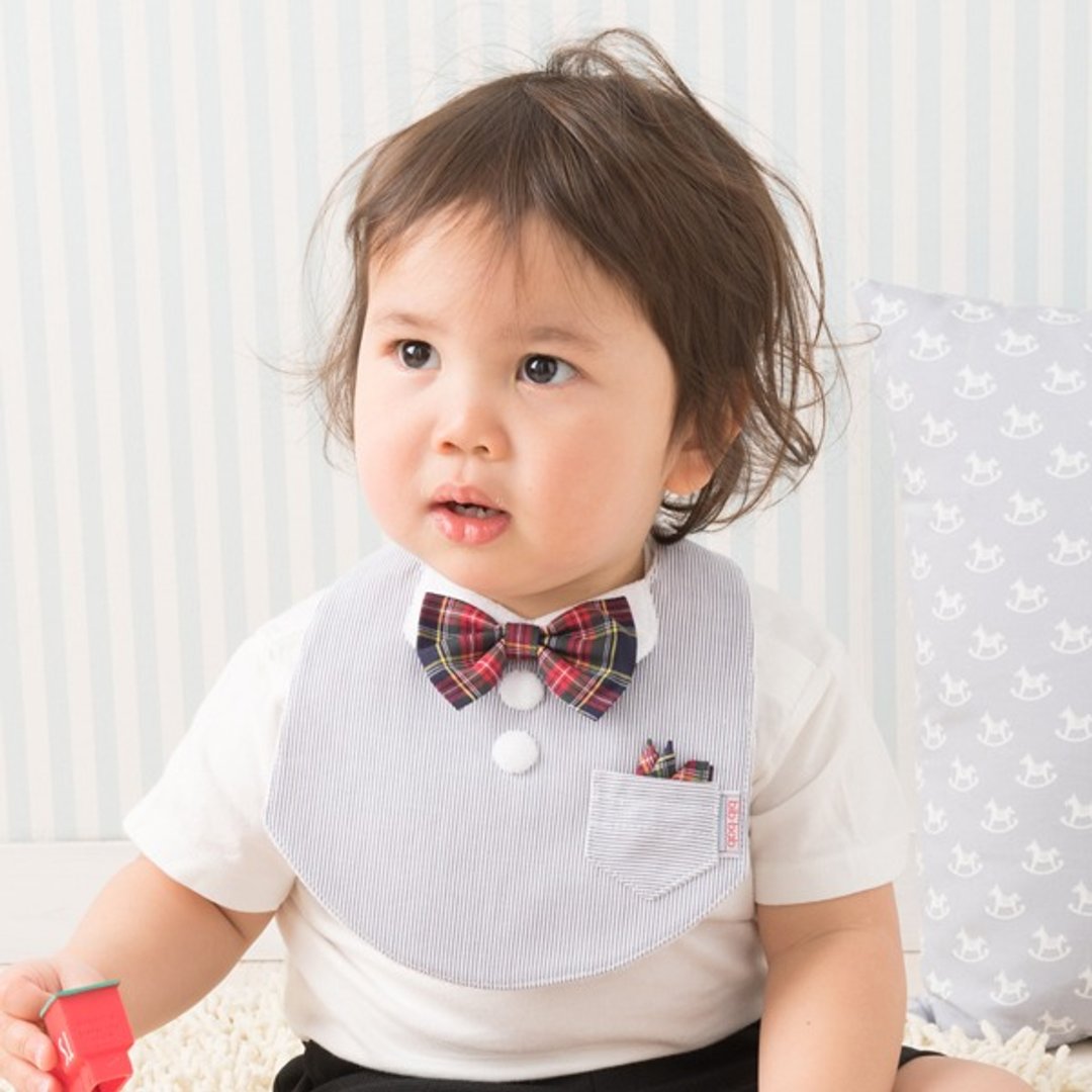 bib-bab Baby Bib Formal Type Gray (Red Blue Tartan Bow Tie) - 围嘴/口水巾 - 棉 灰色