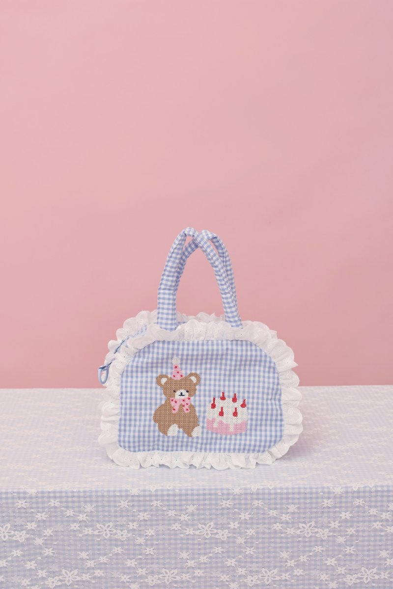 复古可爱 小熊蛋糕花边手提包 斜挎包 - 侧背包/斜挎包 - 其他材质 蓝色