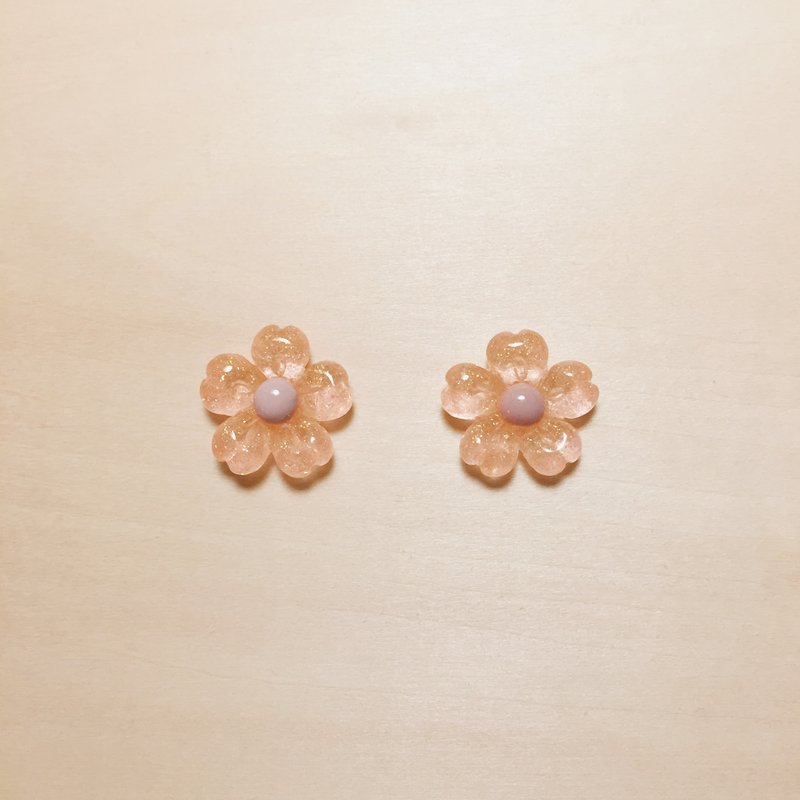 复古橘亮粉樱花耳环 - 耳环/耳夹 - 树脂 橘色