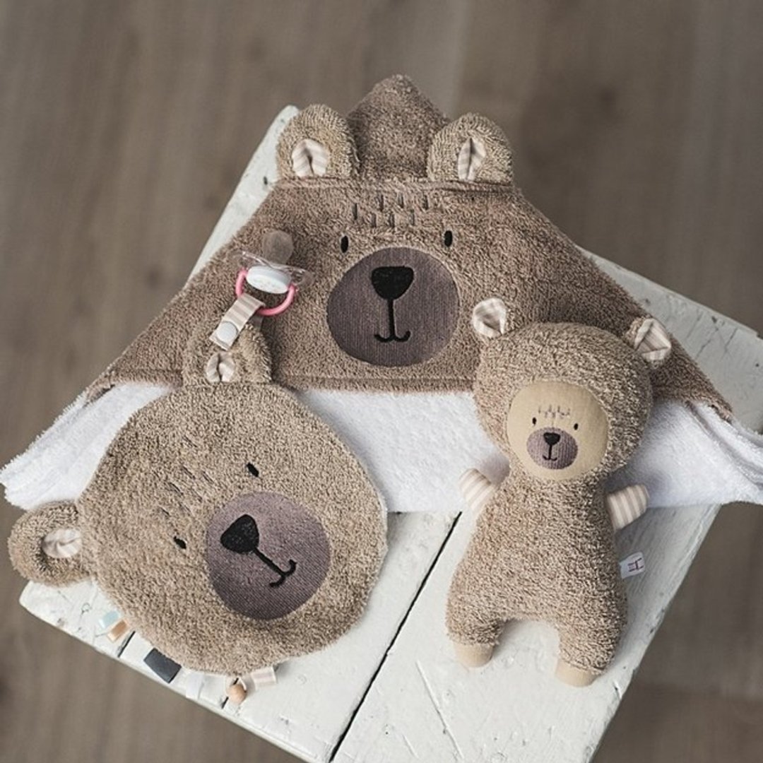 SET: TEDDY BEAR TOWEL, RATTLE TOY, DUMMY HOLDER - 玩具/玩偶 - 棉．麻 卡其色