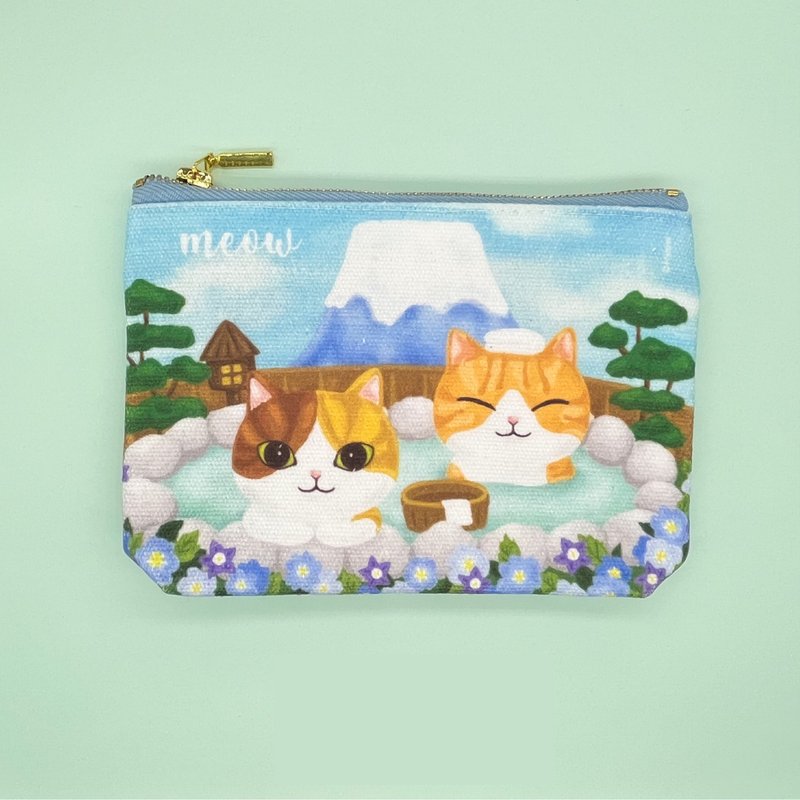 Meow富士山下猫猫浸温泉小物袋化妆袋 - 化妆包/杂物包 - 其他材质 蓝色