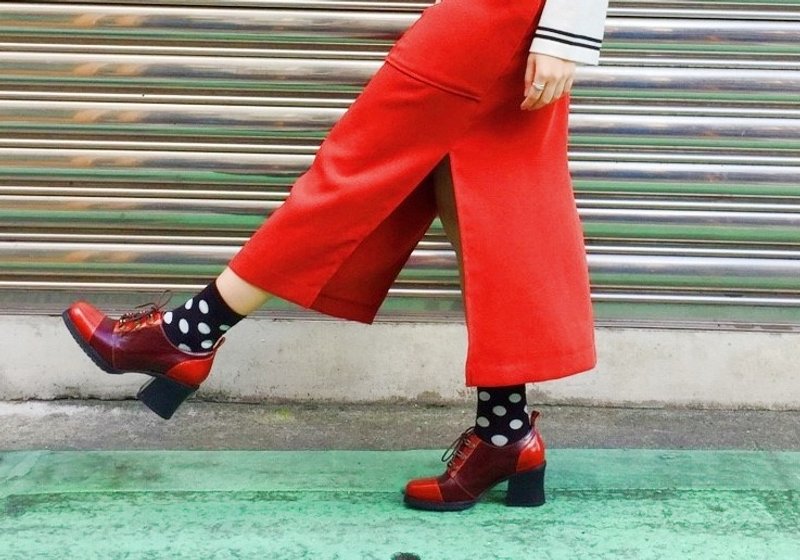 画儿#8014||牛油皮 绑带方头中跟鞋 奇扬地酒红/橙|| - 女款牛津鞋/乐福鞋 - 真皮 红色