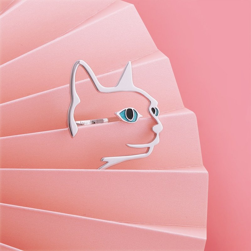 夸张猫咪头戒指 925银镂空可调节开口戒 - 戒指 - 银 银色