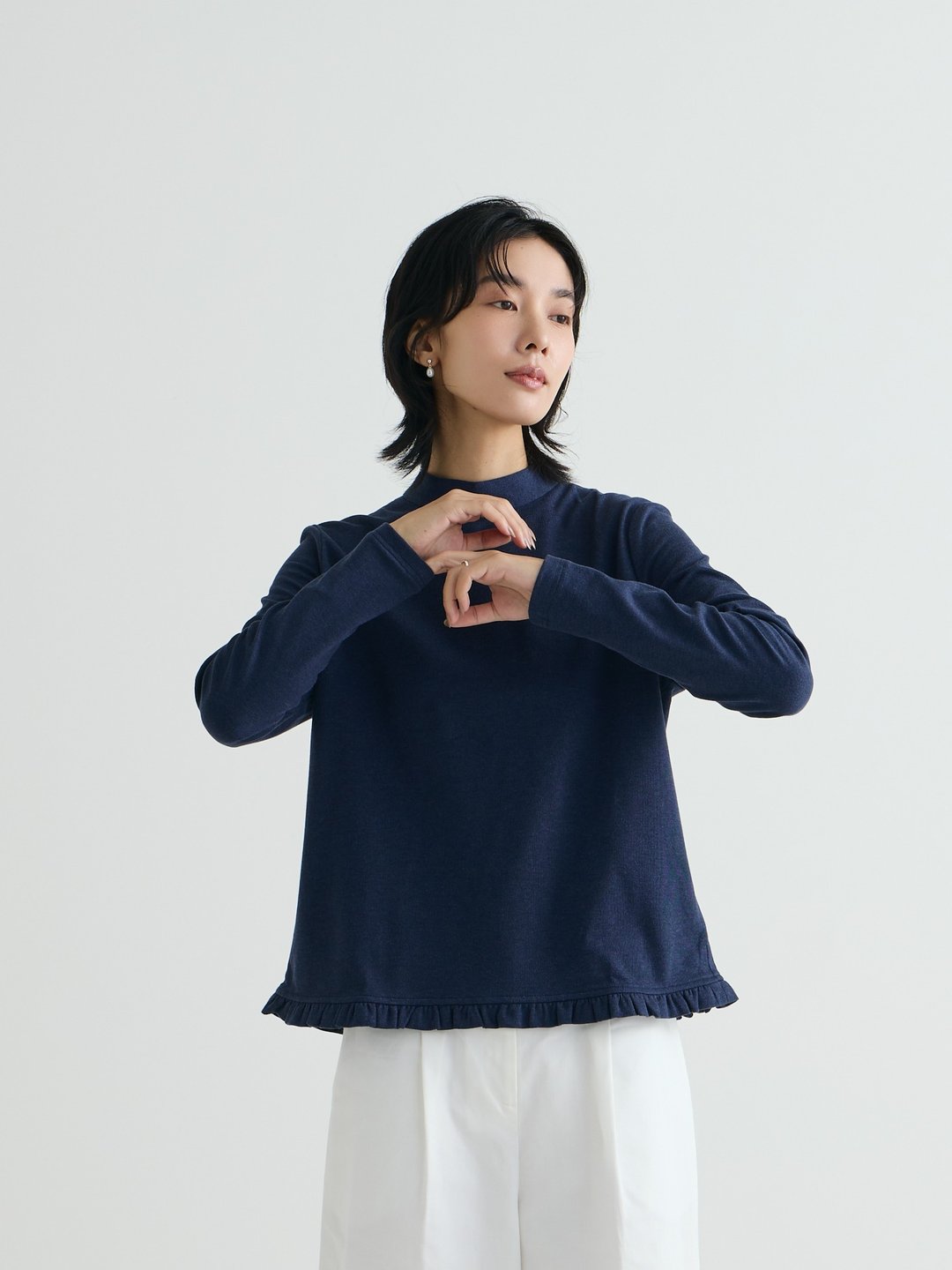 SIEZEN_007_深蓝花边长袖上衣 - 女装上衣 - 棉 蓝色