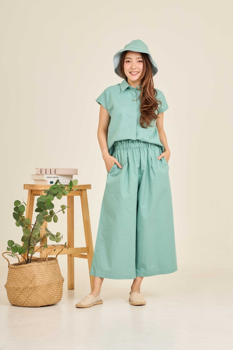 牛津棉质高腰宽裤 - CHAAIM : 薄荷绿色 - 女装长裤 - 棉．麻 绿色