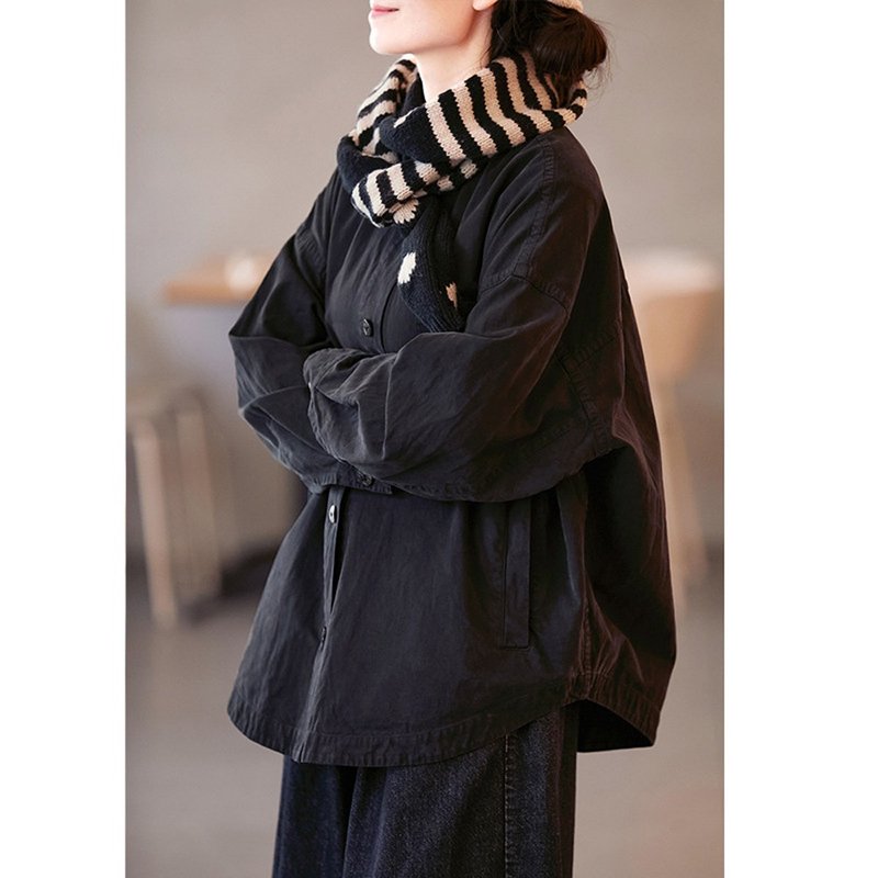 旧黑色翻领开襟衬衫长袖外套 - 女装上衣 - 棉．麻 